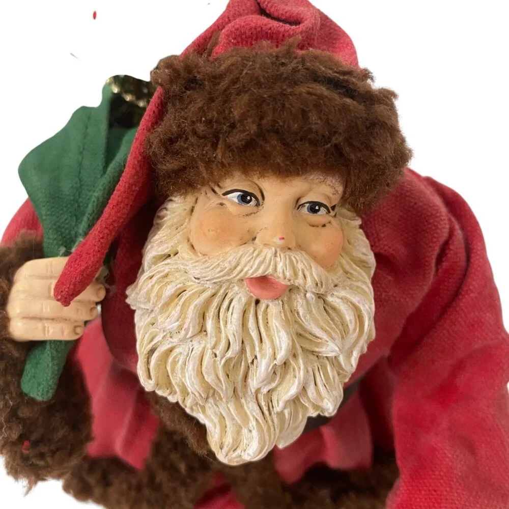 Vintage 90s Santa Claus Figurine Gift Delivery Chimney Fabric Mache 9